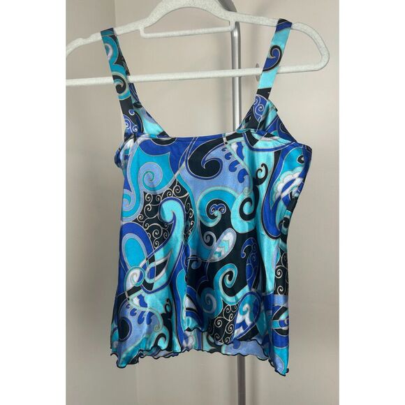 Y2K Babydoll Bisou Bisou Woman Blue Satin Top Front Lace Blouse Size 10 Tank - Picture 2 of 4